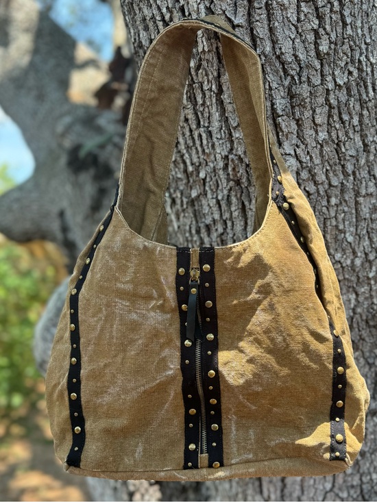 Mona B Handbags - Mona B Large Distressed Sturdy Canvas Stud-Trim Shoulder Bag in Brown